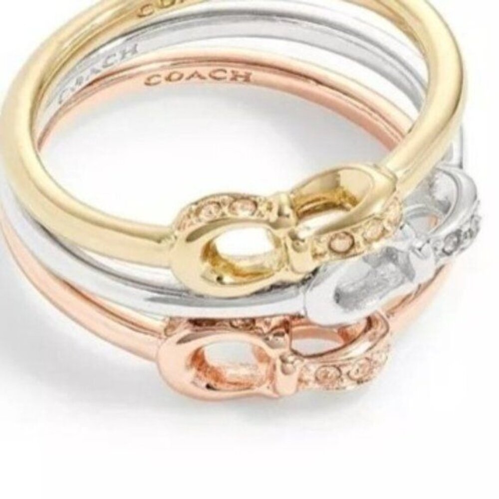 COACH Ring 7 Signature logo Pave Crystals Ring Set Set of 3 Stackables Interlock - Picture 2 of 6